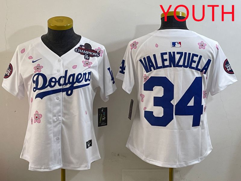 Youth Los Angeles Dodgers 34 Valenzuela White Sakura Edition 2025 Nike MLB Jersey style 3